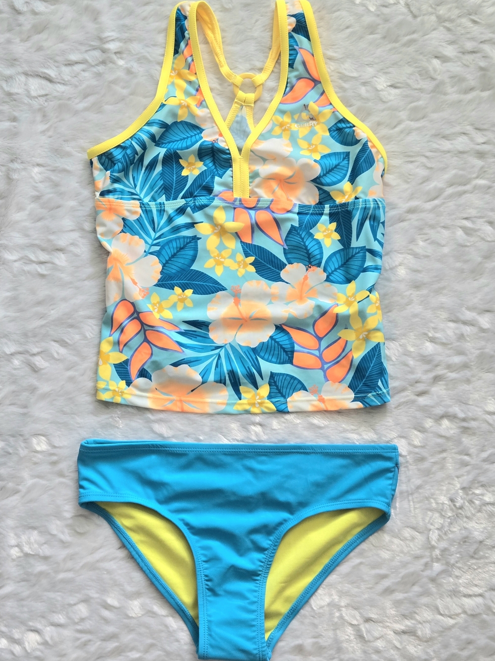 Gerry- Girls' Blue Floral Tankini Swim Set with Yellow Trim Sz 14/16
